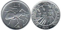 монета Сан-Марино 1 лира 1974