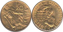 монета Сан-Марино 20 лир 1994