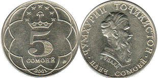монета Таджикистан 5 сомони 2001