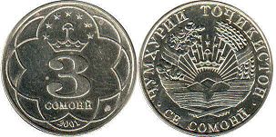монета Таджикистан 3 сомони 2001