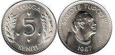 монета Тонга 5 сенити 1967