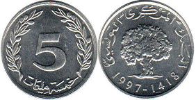 монета Тунис 5 миллимов 1997