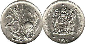 монета ЮАР 20 центов 1974