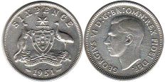 монета Австралия 6 пенсов 1951