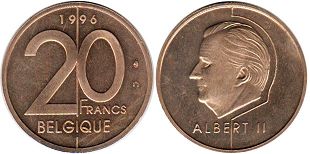 монета Бельгия 20 франков 1996