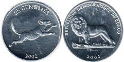монета Конго 25 сантимов собака 2002
