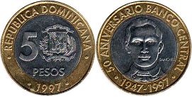 монета Доминиканская Республика 5 песо 1997