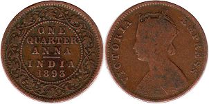 монета Британская Индия 1/4 анны 1893