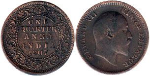 монета Британская Индия 1/4 анны 1907