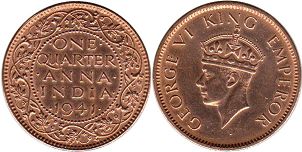 монета Британская Индия 1/4 анны 1941