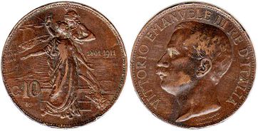монета Италия 10 чентезими 1911