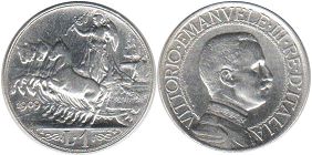 монета Италия 1 лира 1909