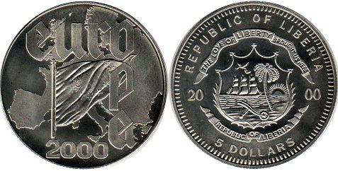 монета Либерия 5 долларов 2000
