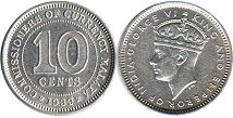 монета Малайя 10 центов 1939