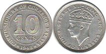 монета Малайя 10 центов 1943