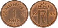 монета Норвегия 1 эре 1953