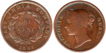 монета Стрэйтс Сеттлментс 1 цент 1845