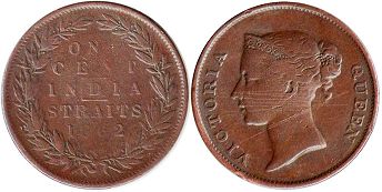 монета Стрэйтс Сеттлментс 1 цент 1862