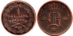 монета Швеция 1/3 скиллинга 1852
