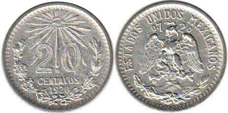 Мексика монета 20 сентаво 1920