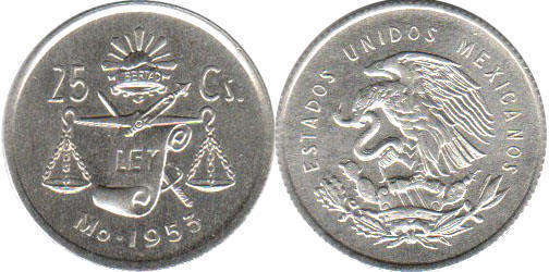 Мексика монета 25 сентаво 1953