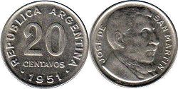 монета Аргентина 20 сентаво 1951