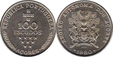 монета Азоры 100 эскудо 1980