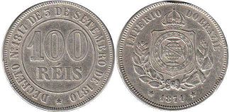 монета Бразилия 100 рейс 1871