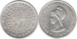 монета Бразилия 500 рейс 1889
