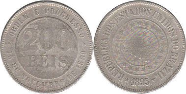 монета Бразилия 200 рейс 1893
