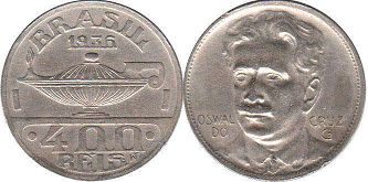 монета Бразилия 400 рейс 1936