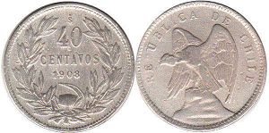 монета Чили 40 сентаво 1908