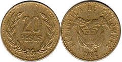 монета Колумбия 20 песо 1992