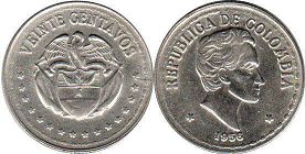 монета Колумбия 20 сентаво 1956