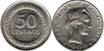 монета Колумбия 50 сентаво 1968