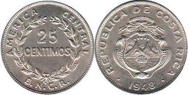 монета Коста Рика 25 сентимо 1948