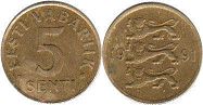 монета Эстония 5 сенти 1991