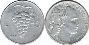 монета Италия 5 лир 1950