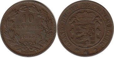монета Люксембург 10 сантимов 1865