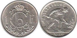 монета Люксембург 1 франк 1946