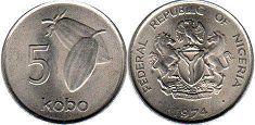 монета Нигерия 5 кобо 1974