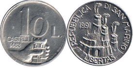 монета Сан-Марино 10 лир 1991