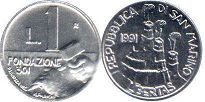монета Сан-Марино 1 лира 1991
