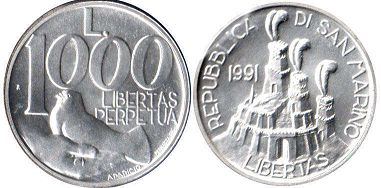 монета Сан-Марино 1000 лир 1991