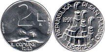 монета Сан-Марино 2 лиры 1991