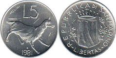 монета Сан-Марино 5 лир 1981