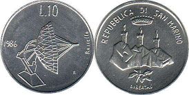 монета Сан-Марино 10 лир 1986