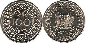 монета Суринам 100 центов 1989