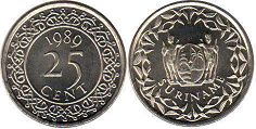 монета Суринам 25 центов 1989