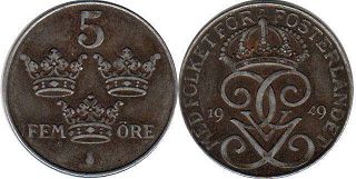 монета Швеция 5 эре 1949